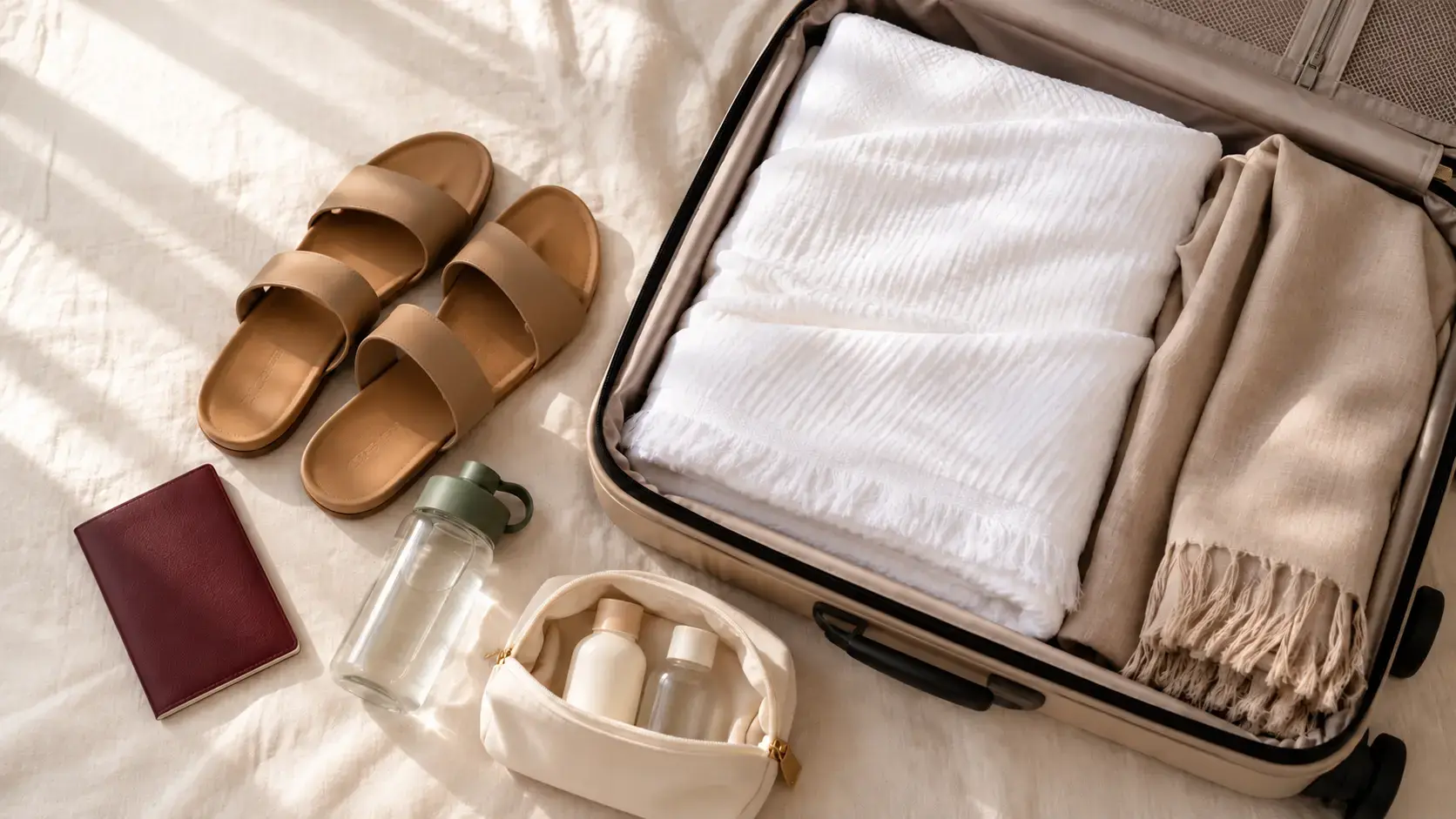 Umrah packing list for December: ihram, sandals, shawl, passport, water bottle and toiletries