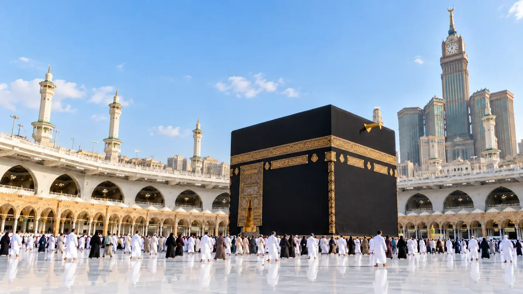 Pilgrims performing tawaf around the Kaaba at Masjid al-Haram in mild December weather